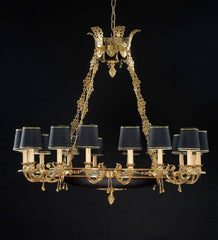 16 Light French Gold Chandelier With Black Shades