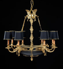 8 Light French Gold Chandelier With Black Shades