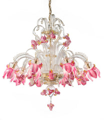 8 Arm Pink & Clear Murano Glass Chandelier With Gold Decoration