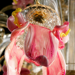 8 Arm Pink & Clear Murano Glass Chandelier With Gold Decoration