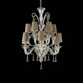 12 Light Luxury Chandelier with Silver Leaf and Dove-Coloured Lampshades
