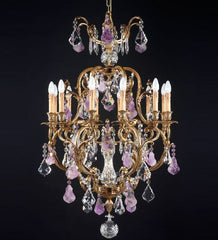 12 Light Gold Chandelier With Amethyst & Crystal Pendants