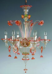 6 Arm Murano Chandelier With Gold, Pink & Green Flowers