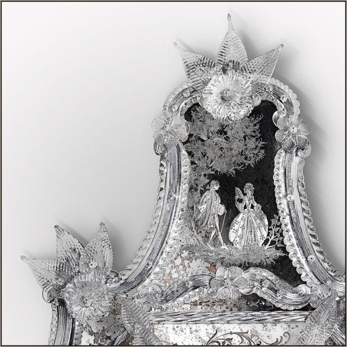 18Th Century Style Engraved Venetian Mirror With Glass Flowers