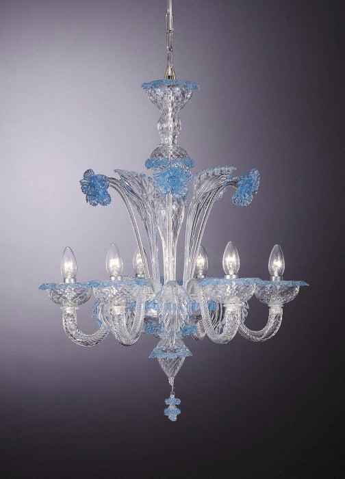 Aquamarine & Clear Murano Glass Floral Chandelier With 6 Lights