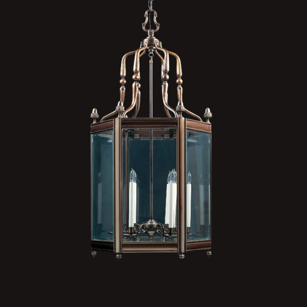 105 Cm Tall Burnished Brass And Italian Glass Lantern