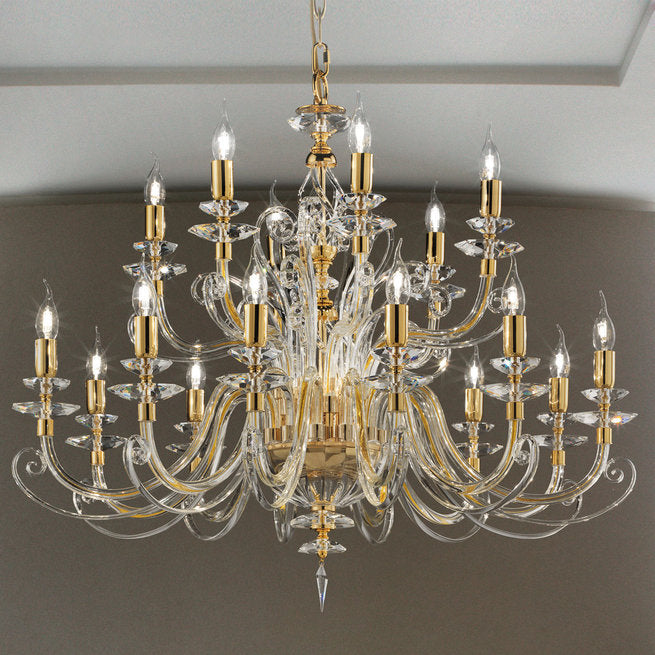 18-Light Clear Crystal Chandelier | 2 Tiers | Transparent Glass | Gold Accents