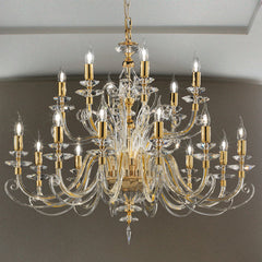 18-Light Clear Crystal Chandelier | 2 Tiers | Transparent Glass | Gold Accents