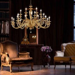 24-Light Gold Glass Chandelier with Brass Floral Decoration