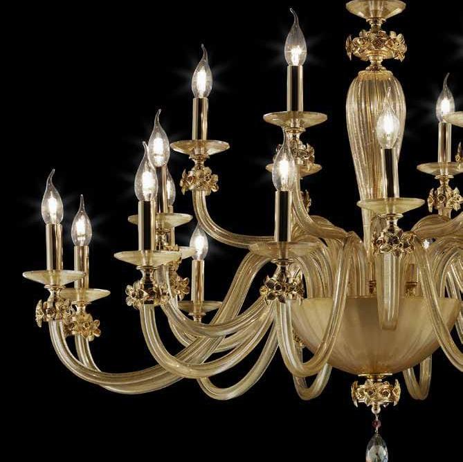24-Light Gold Glass Chandelier with Brass Floral Decoration
