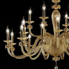 24-Light Gold Glass Chandelier with Brass Floral Decoration