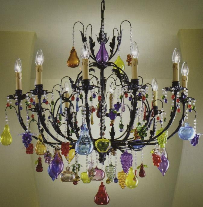 10 Light Venetian Chandelier With Blown Murano Glass Fruits