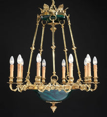 10 Light French Gold Chandelier With Malachite Bowl