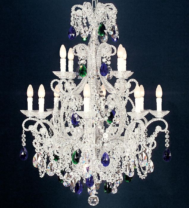 12 Light Silver Chandelier With Hand Cut Coloured Crystals