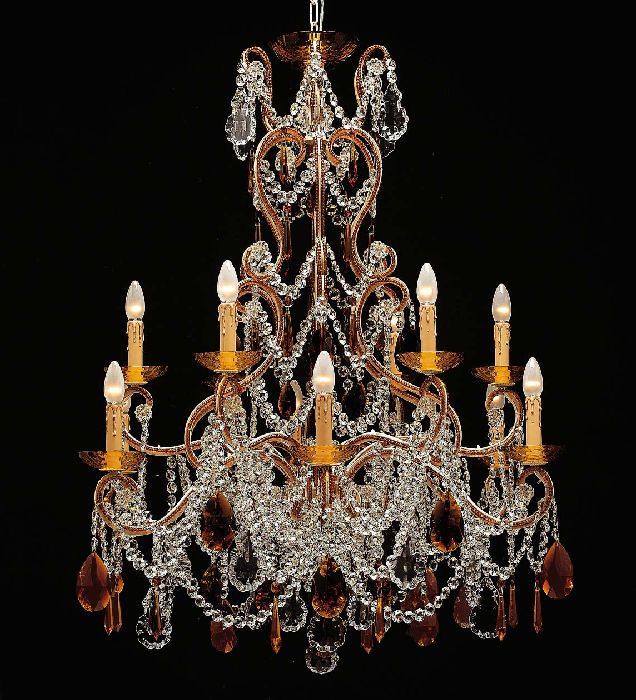 12 Light Ivory Chandelier With Amber And Clear Crystals