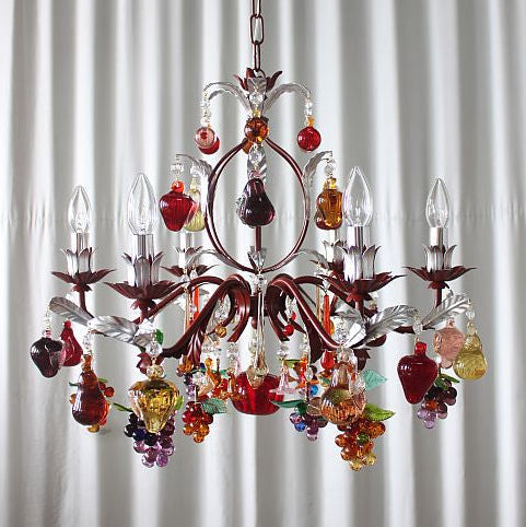 6 Light Murano Glass Fruit Chandelier With Painted Red Frame