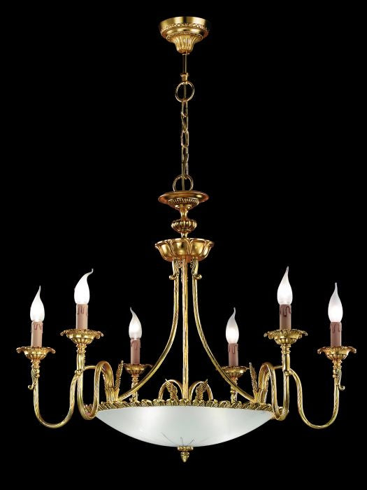 8 Light Italian Gold-Plated Chandelier With Ornate Crystal Bowl