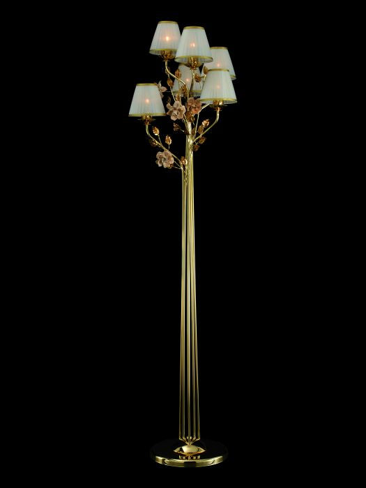 6 Light Gold-Plated Floor Chandelier With Pink Ceramic Flowers