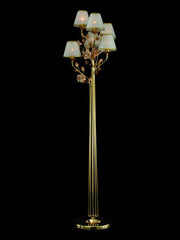 6 Light Gold-Plated Floor Chandelier With Pink Ceramic Flowers