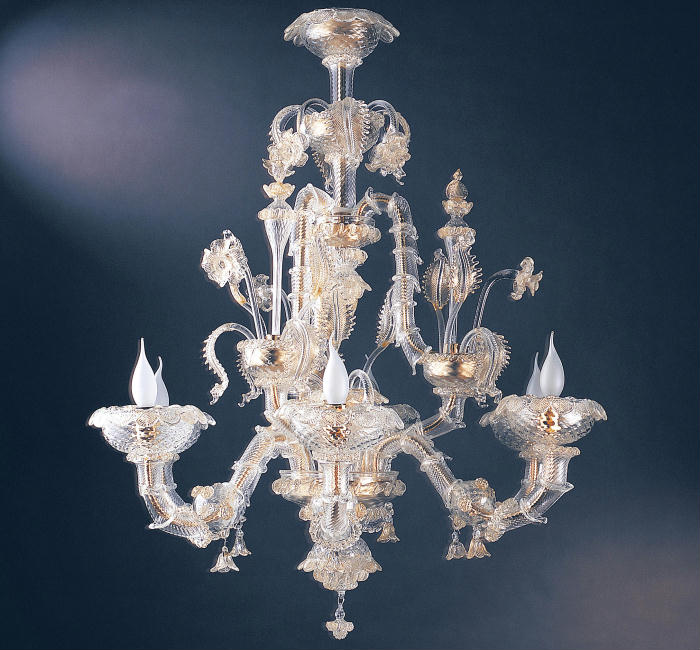 6 Light Clear Murano Glass Chandelier With Gold Trim