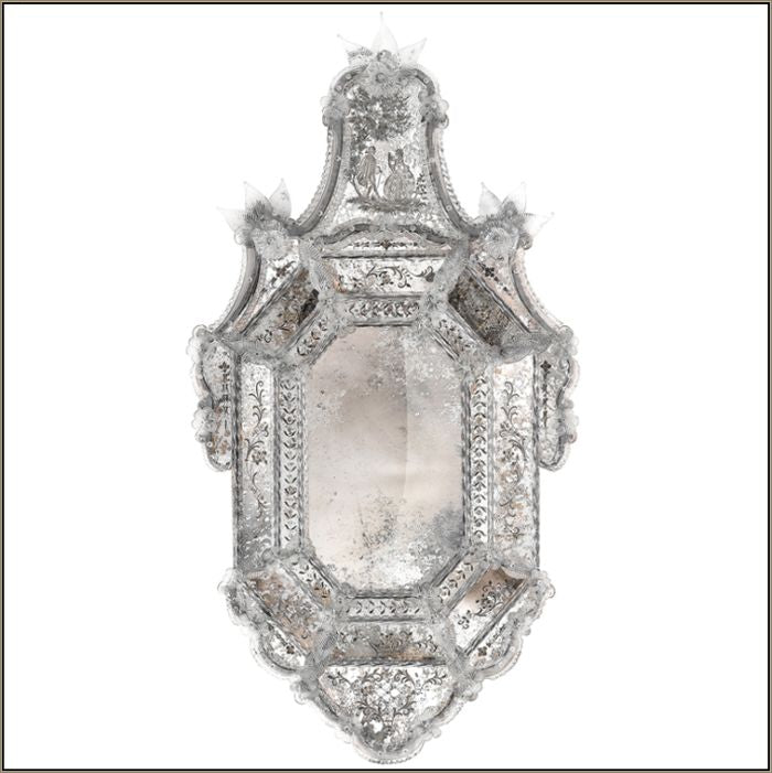 18Th Century Style Engraved Venetian Mirror With Glass Flowers
