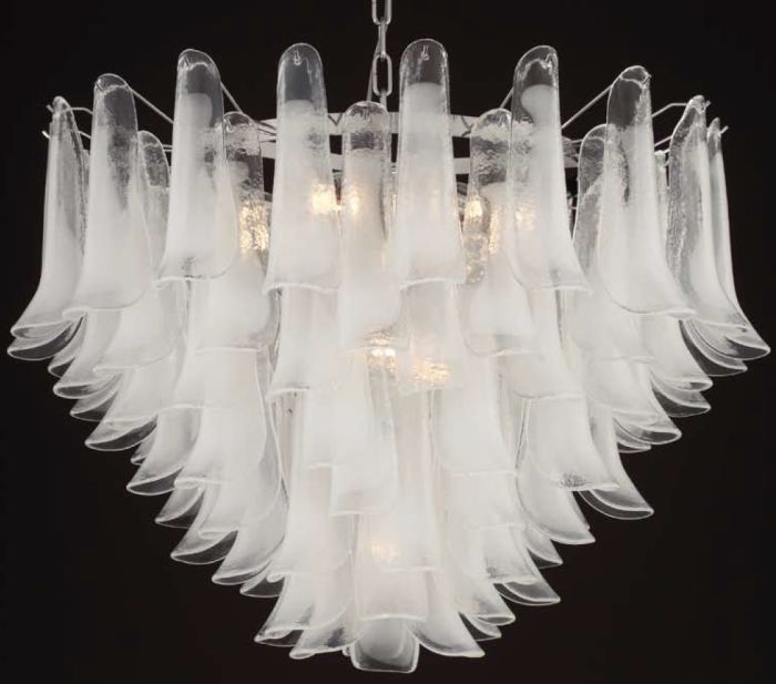 90cm 70's Style Satin White Murano Glass Petali Chandelier