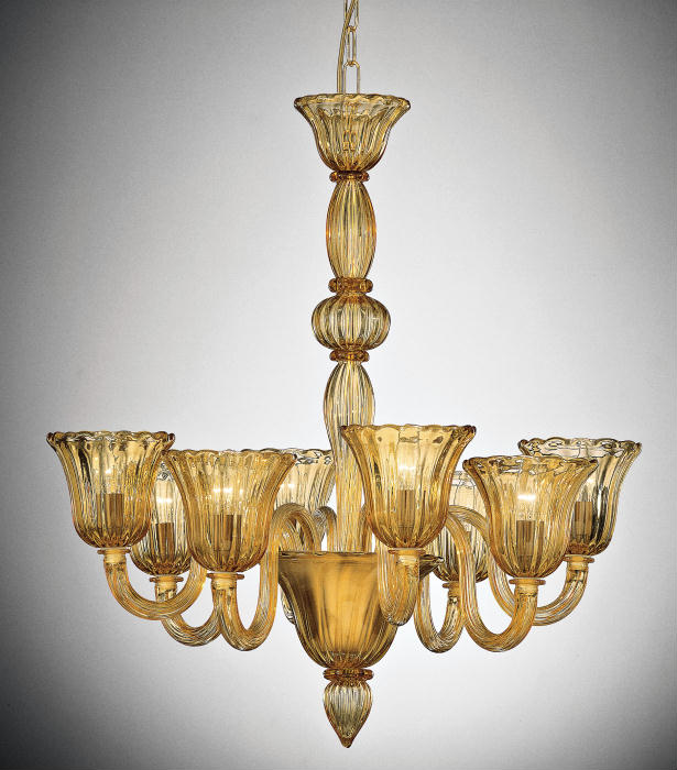 Amber Glass Tulip-Shaped Murano Chandelier