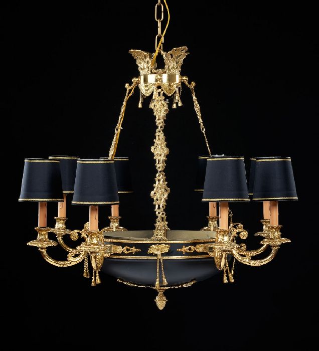 8 Light French Gold Chandelier With Black Shades
