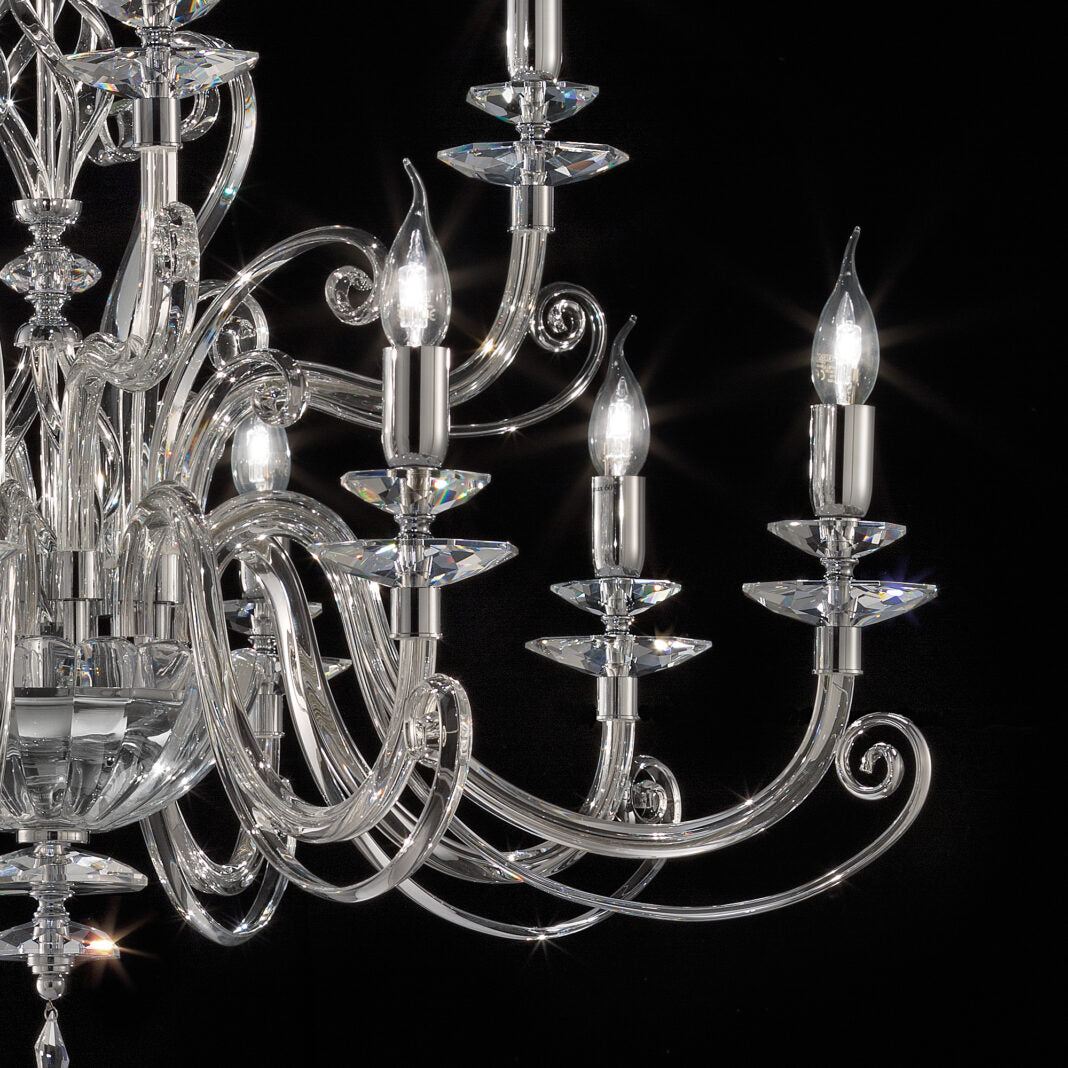 2-Tier 12-Light Clear Crystal Chandelier | Transparent Glass Elements | Chrome metal