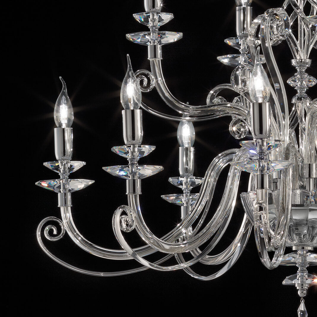 2-Tier 12-Light Clear Crystal Chandelier | Transparent Glass Elements | Chrome metal