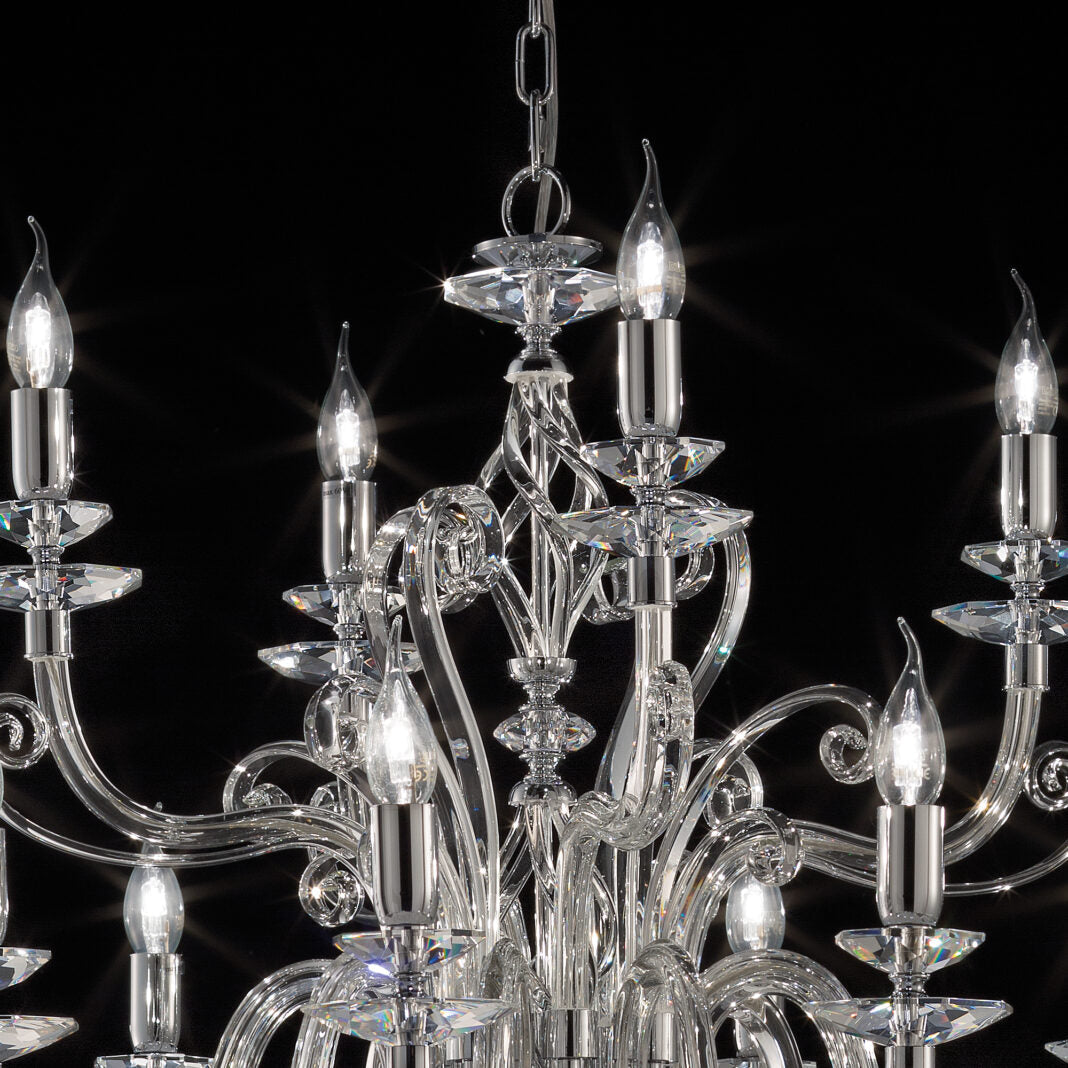 2-Tier 12-Light Clear Crystal Chandelier | Transparent Glass Elements | Chrome metal