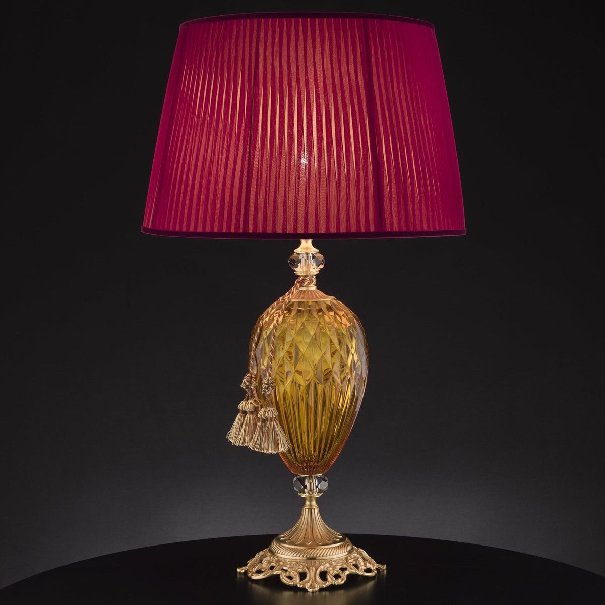 Amber Cut Crystal Glass Table Lamp With Gold Fringing