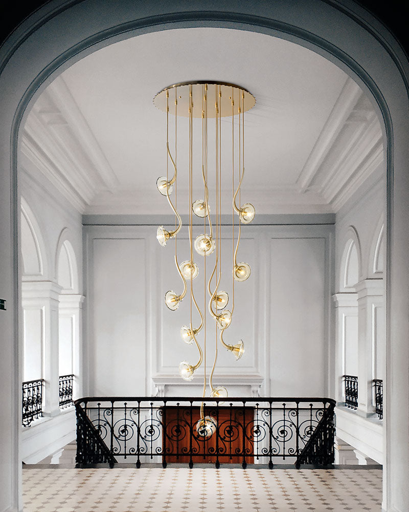 130cm Stairwell Chandelier With Amber Floral Pendants
