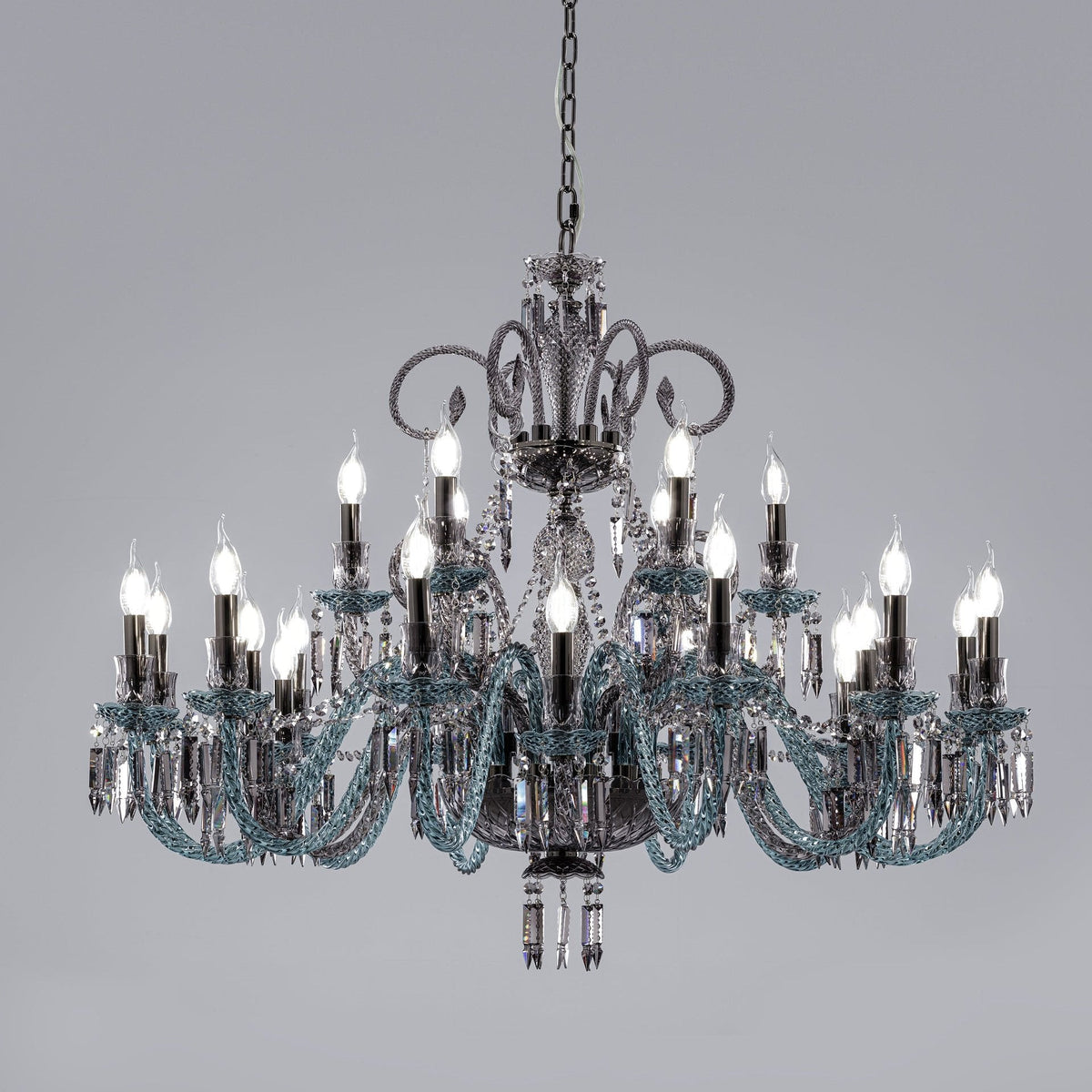 24-Light Crystal Chandelier | Smoky glass-Fumè and Teal Blue Accents