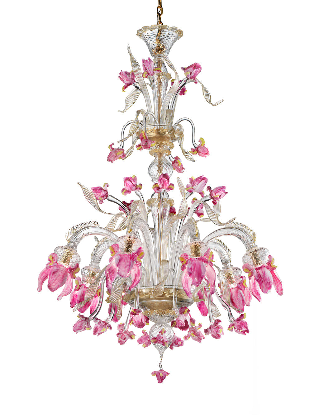8 Arm Pink & Clear Murano Glass Chandelier With Gold Decoration