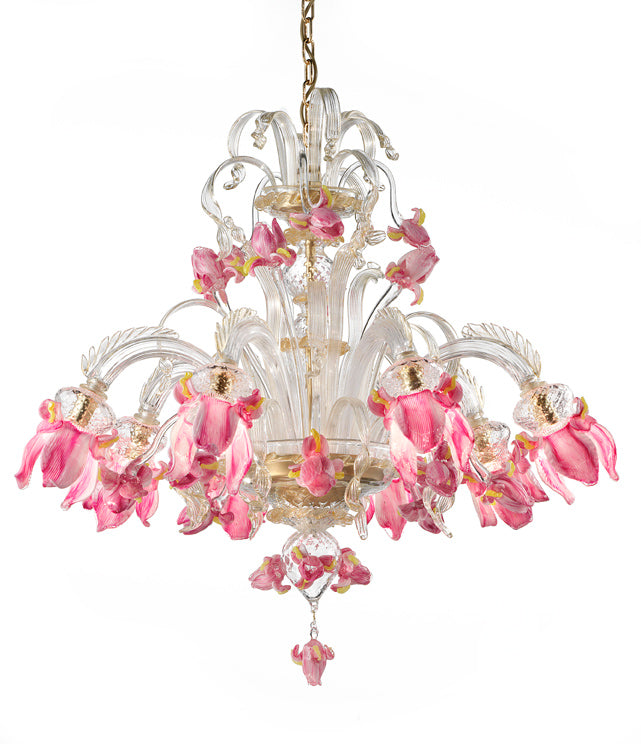 8 Arm Pink & Clear Murano Glass Chandelier With Gold Decoration