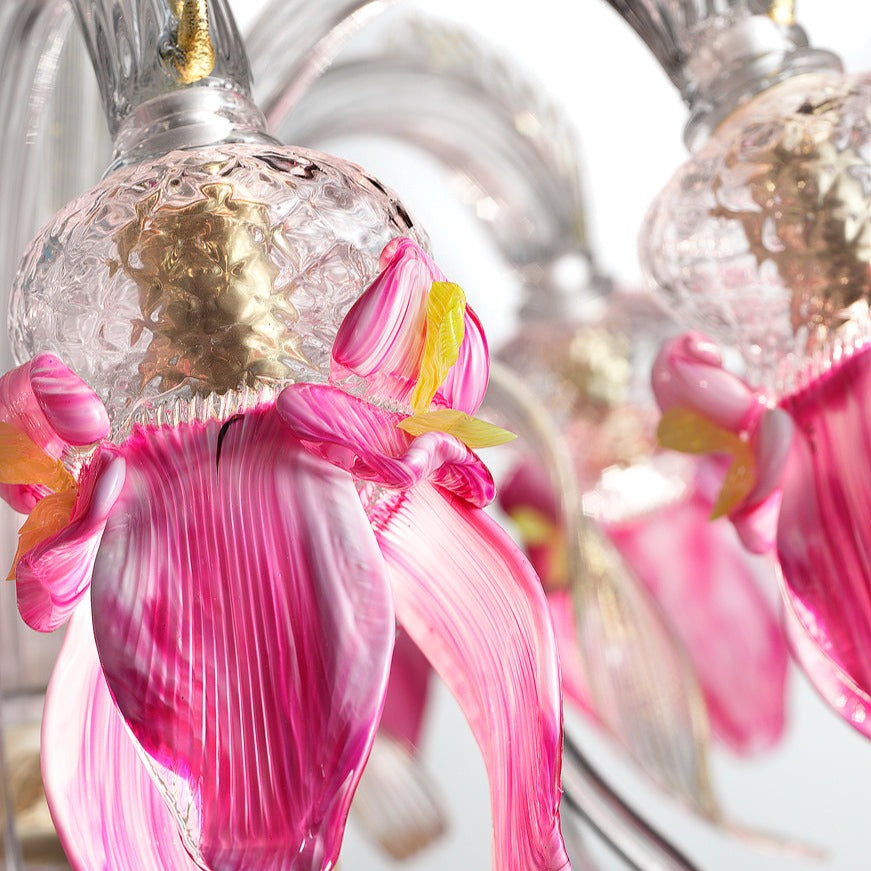 8 Arm Pink & Clear Murano Glass Chandelier With Gold Decoration