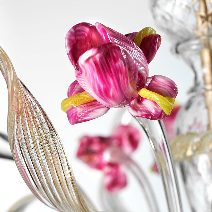 8 Arm Pink & Clear Murano Glass Chandelier With Gold Decoration