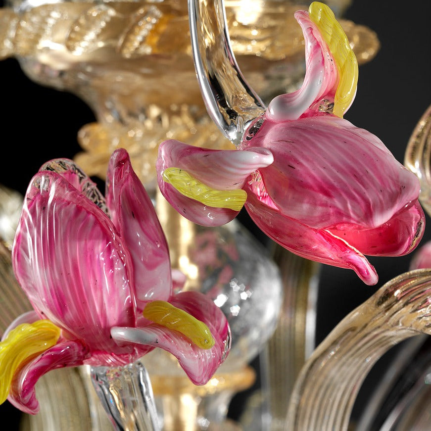 8 Arm Pink & Clear Murano Glass Chandelier With Gold Decoration