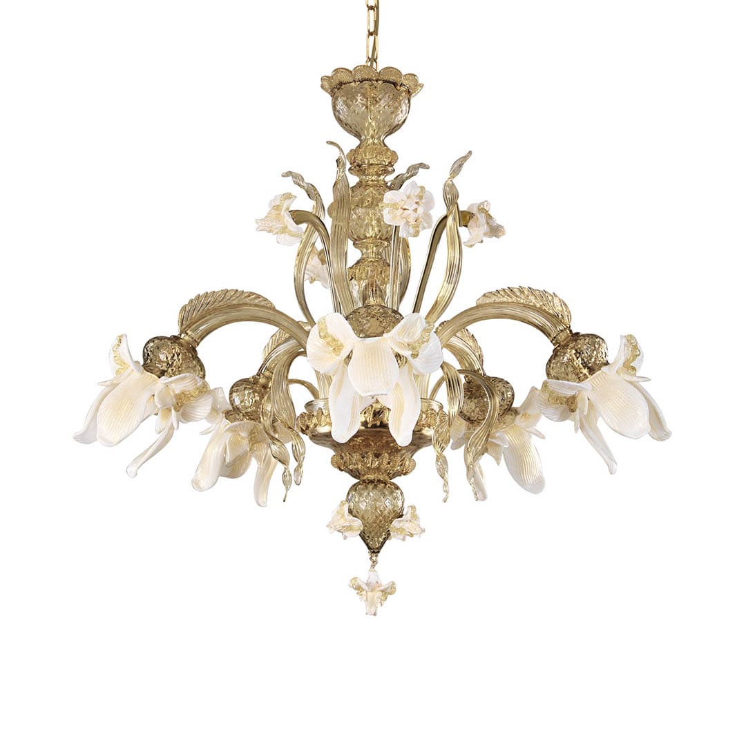 5 Lights Murano Glass Chandelier with Fume and Gold Accents