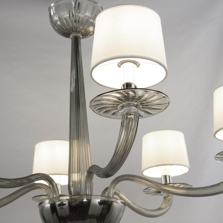 6 Light Smoke Grey Murano Glass Chandelier with White Lampshades