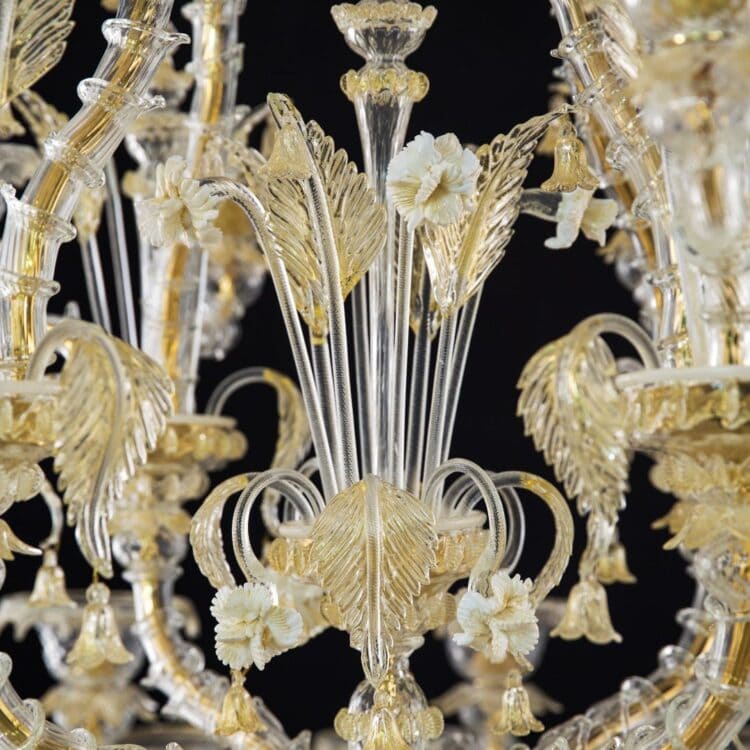 32 Light Rezzonico Style Crystal and Gold Murano Glass Chandelier