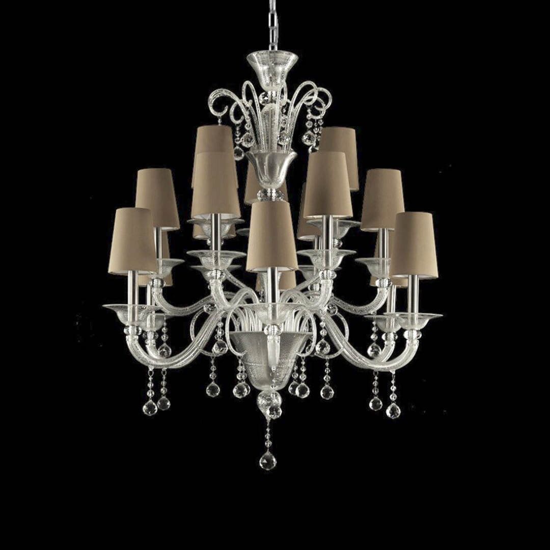 15 Light Silver Leaf Chandelier with Dove-Coloured Lampshades