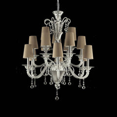 15 Light Silver Leaf Chandelier with Dove-Coloured Lampshades