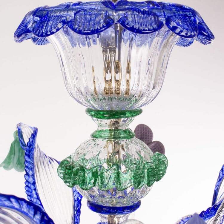 6 Light Rezzonico Style Chandelier with Ruby and Azure Glass