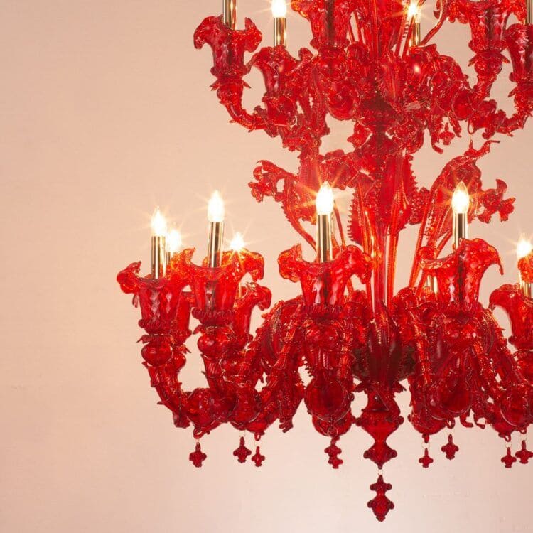 12+6 Light Elegant Multi-Tier Chandelier in Red Murano Glass