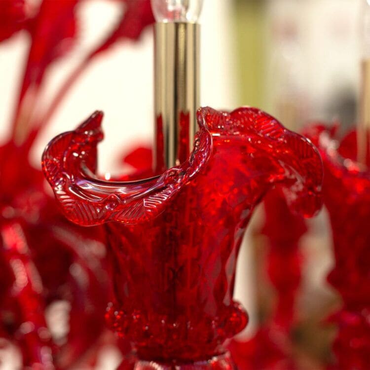 12+6 Light Elegant Multi-Tier Chandelier in Red Murano Glass