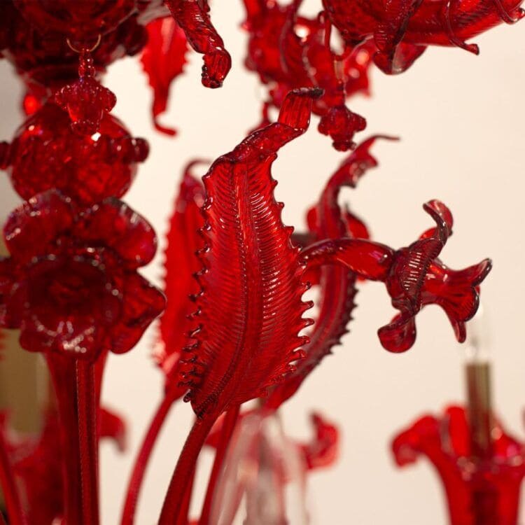 12+6 Light Elegant Multi-Tier Chandelier in Red Murano Glass