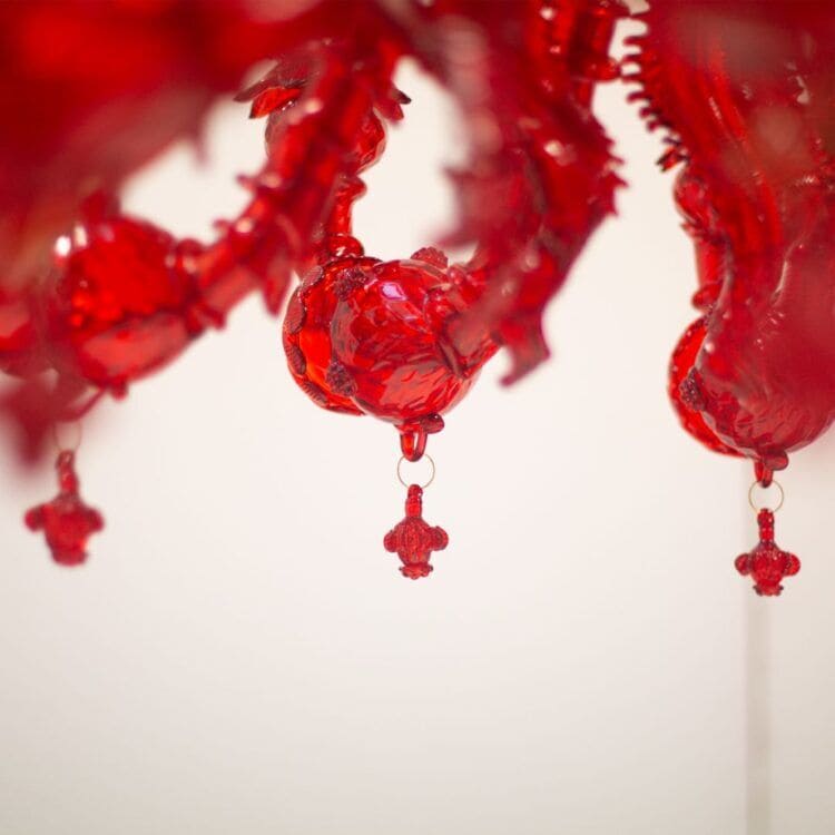 12+6 Light Elegant Multi-Tier Chandelier in Red Murano Glass