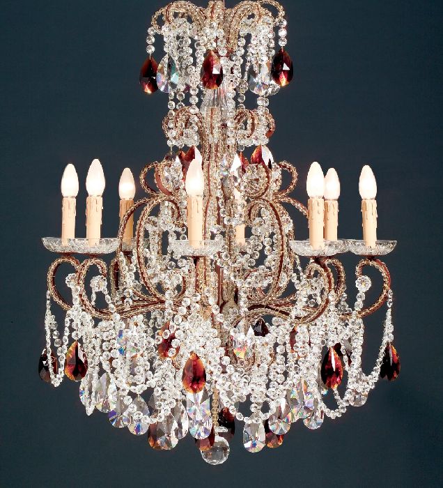 Antiqued Wooden Chandelier With Bohemian And Amber Crystals